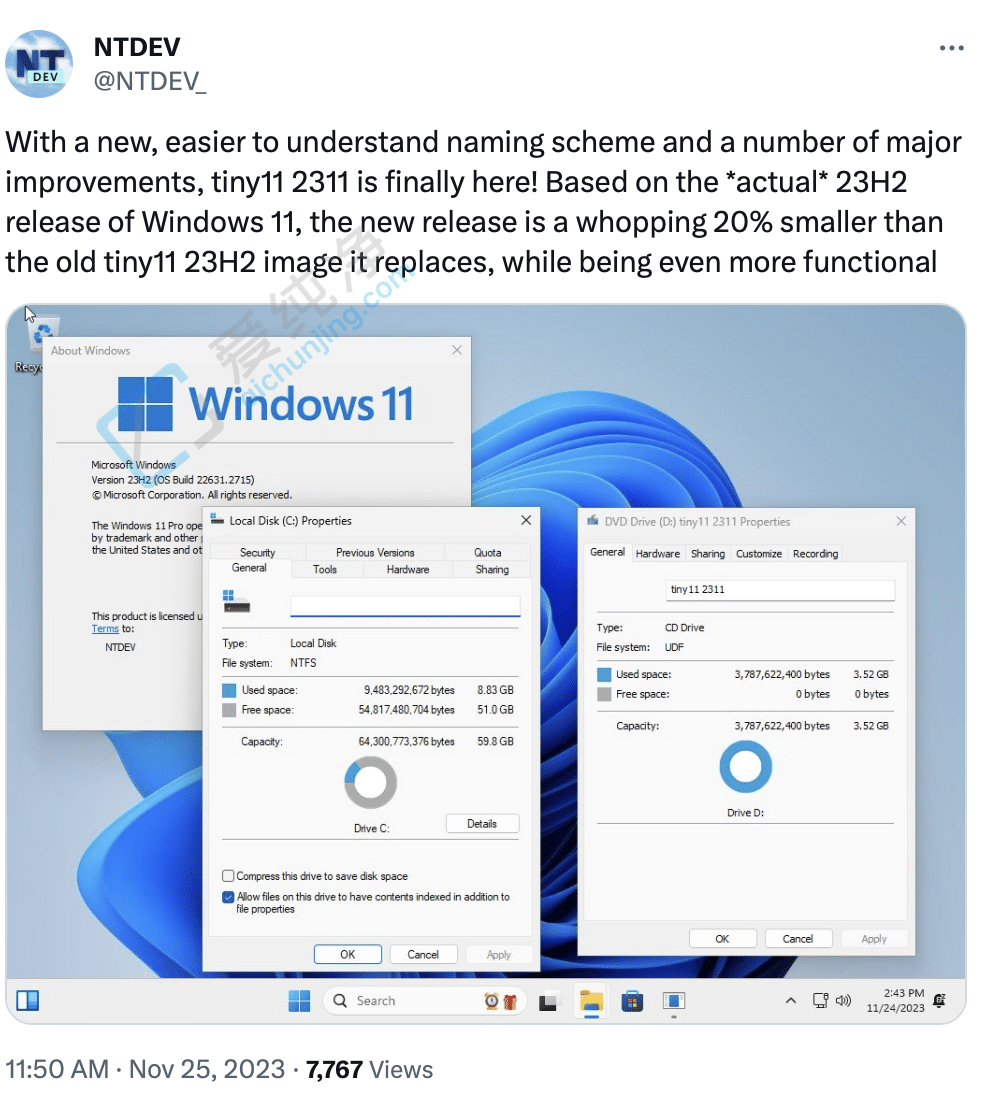 O Win11Tiny11  23H2 汾we^m(x)pС 20%